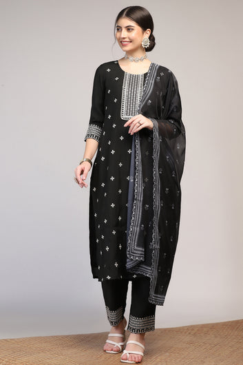 Womens Black Cotton Blend Bandhani Printed Calf Length Kurta And Trouser With Dupatta Set