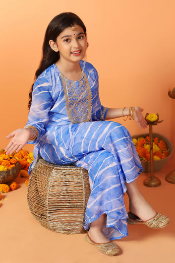 Girls Blue Georgette Stripe Printed Straight Kurta With Sharara Set