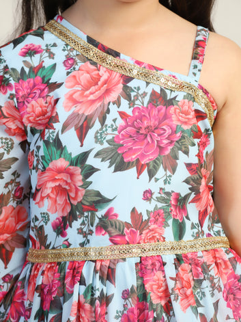 Girls Light Blue Georgette Floral Printed One Shoulder Maxi Dress