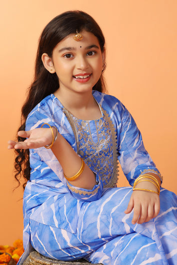 Girls Blue Georgette Stripe Printed Straight Kurta With Sharara Set