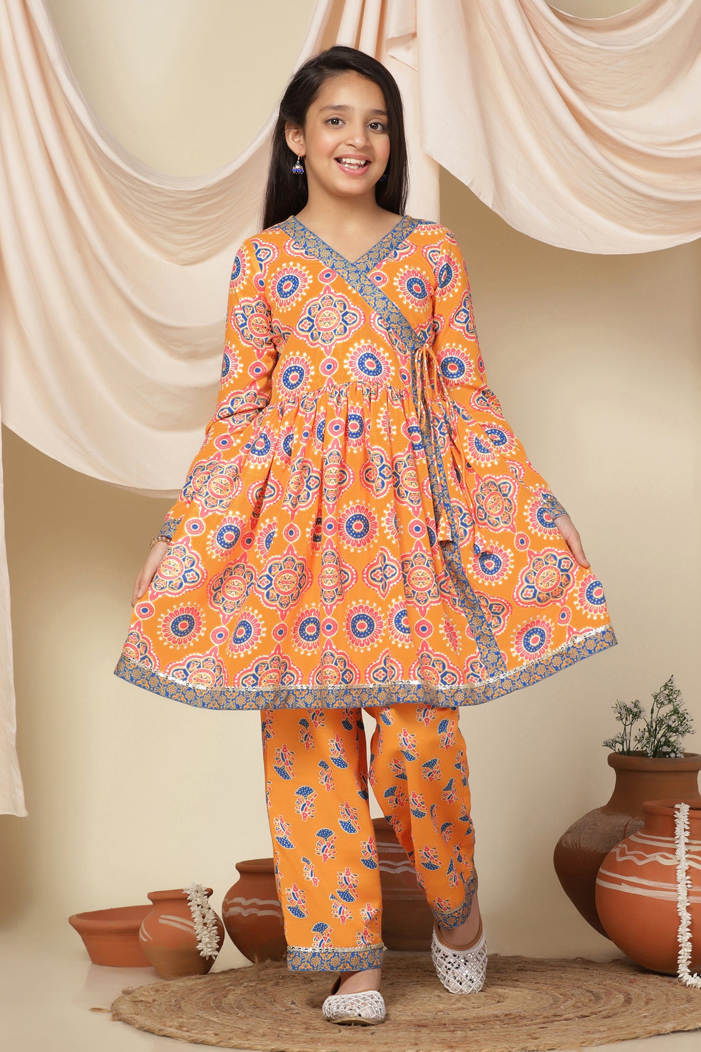 Girls Slub Angrakha Style Kurta With Pant Set