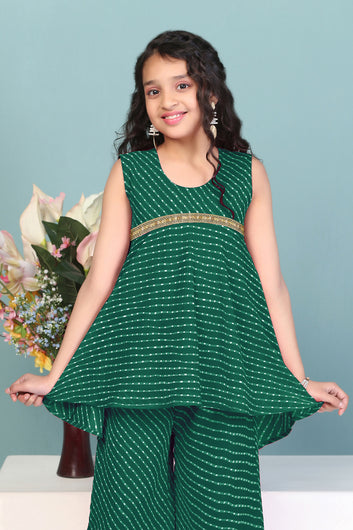 Girls Green Georgette Leheriya Printed High-Low Kurta With Palazzo Set