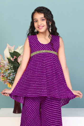 Girls Purple Georgette Leheriya Printed High-Low Kurta With Palazzo Set