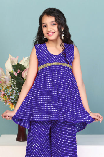 Girls Blue Georgette Leheriya Printed High-Low Kurta With Palazzo Set