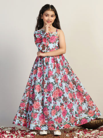 Girls Light Blue Georgette Floral Printed One Shoulder Maxi Dress