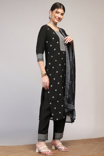 Womens Black Cotton Blend Bandhani Printed Calf Length Kurta And Trouser With Dupatta Set