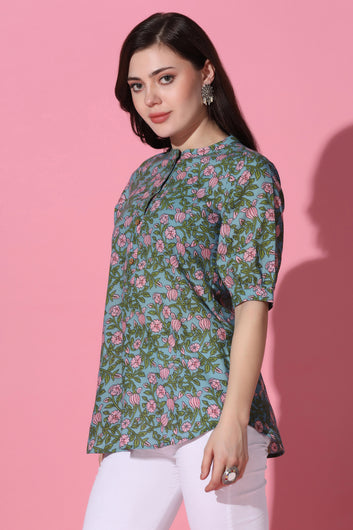 Womens Blue Cotton Floral Printed Shirt Style Top