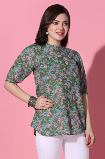 Womens Blue Cotton Floral Printed Shirt Style Top