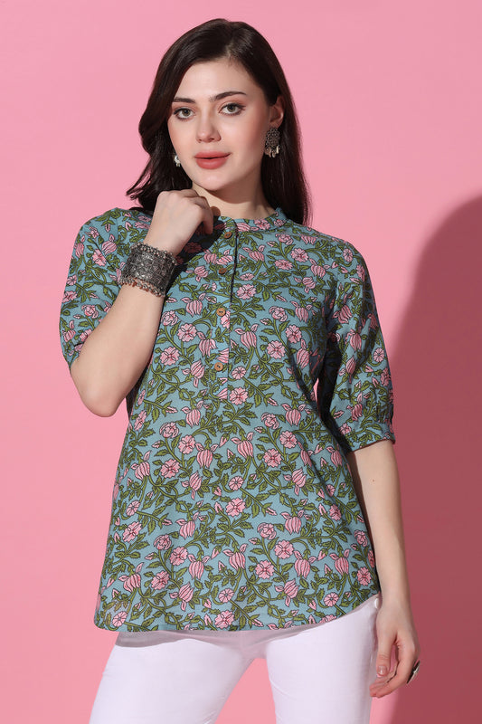 Womens Blue Cotton Floral Printed Shirt Style Top