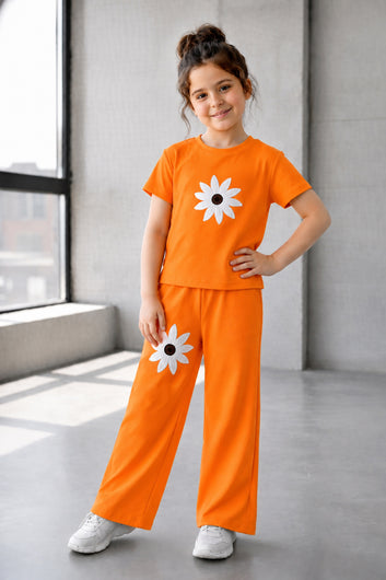 Girls Orange Ribbed Stylish Floral Embroidered Short Sleeve T-Shirt with Pant Clothing Set