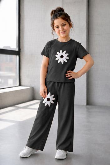 Girls Black Ribbed Stylish Floral Embroidered Short Sleeve T-shirt with Pant Co-ords Set