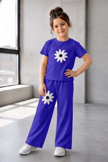 Girls Blue Ribbed Stylish Floral Embroidered Short sleeve T-shirt with Pant Clothing Set