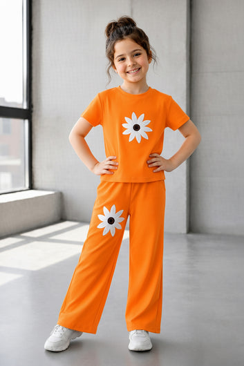 Girls Orange Ribbed Stylish Floral Embroidered Short Sleeve T-Shirt with Pant Clothing Set