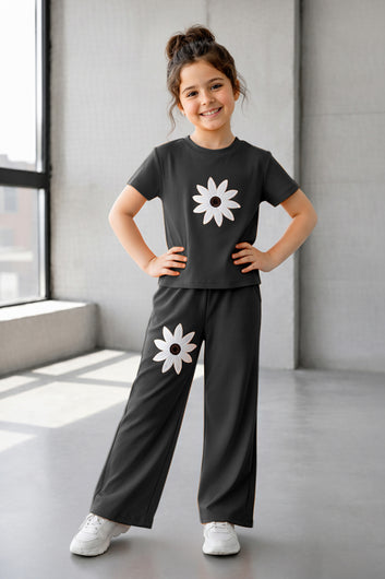 Girls Black Ribbed Stylish Floral Embroidered Short Sleeve T-shirt with Pant Co-ords Set