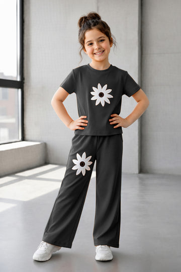 Girls Black Rib Flower Embroidered, Round Neck Top and Pant Set Trendy Girls Co Ords Set Stylish Girls Apparel Combo for Kids Summer Trends
