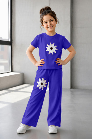Girls Blue Rib Flower Embroidered, Round Neck Top and Pant Set Trendy Girls Co Ords Set Stylish Girls Apparel Combo for Kids Summer Trends