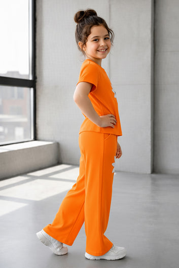 Girls Orange Ribbed Stylish Floral Embroidered Short Sleeve T-Shirt with Pant Clothing Set