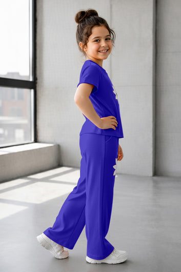 Girls Blue Ribbed Stylish Floral Embroidered Short sleeve T-shirt with Pant Clothing Set