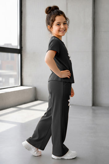 Girls Black Ribbed Stylish Floral Embroidered Short Sleeve T-shirt with Pant Co-ords Set
