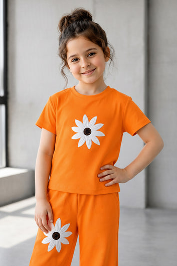 Girls Orange Ribbed Stylish Floral Embroidered Short Sleeve T-Shirt with Pant Clothing Set