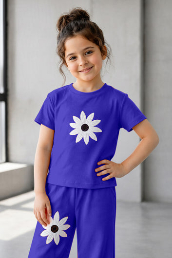 Girls Blue Ribbed Stylish Floral Embroidered Short sleeve T-shirt with Pant Clothing Set