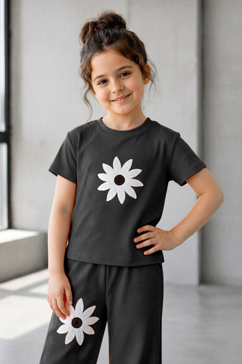 Girls Black Ribbed Stylish Floral Embroidered Short Sleeve T-shirt with Pant Co-ords Set