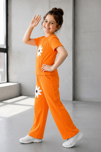 Girls Orange Ribbed Stylish Floral Embroidered Short Sleeve T-Shirt with Pant Clothing Set