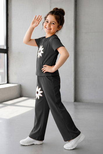 Girls Black Ribbed Stylish Floral Embroidered Short Sleeve T-shirt with Pant Co-ords Set