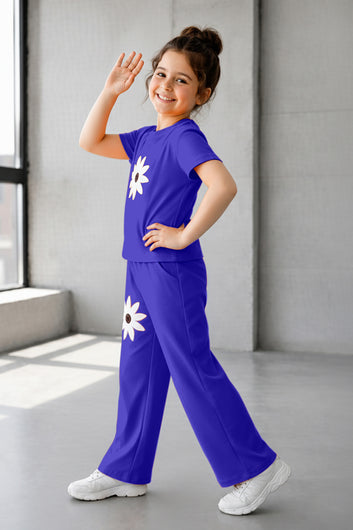 Girls Blue Ribbed Stylish Floral Embroidered Short sleeve T-shirt with Pant Clothing Set