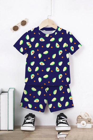 Boys Dark Blue Lycra Blend Printed T-shirt and Short Clothing Set