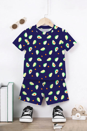 Boys Dark Blue Lycra Blend Printed T-shirt and Short Clothing Set