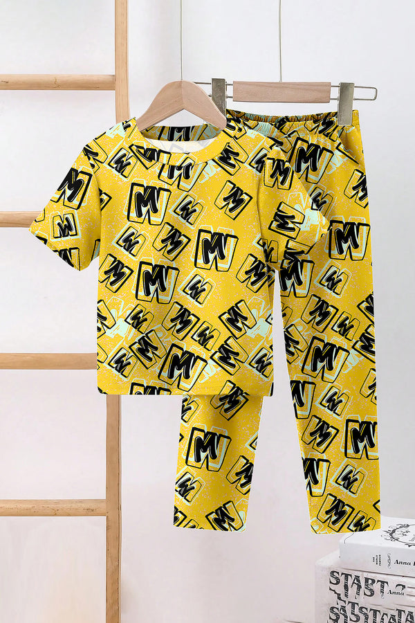 Boys Yellow Cotton Blend Graphic Print T-Shirt and Pant For Casual Wear