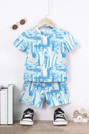 Boys Light Blue Lycra Blend Printed T-shirt and Short Clothing Set