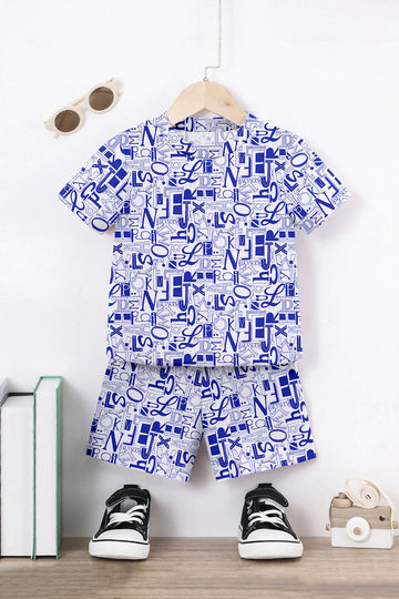 Boys White Lycra Blend Printed T-shirt and Short Clothing Set