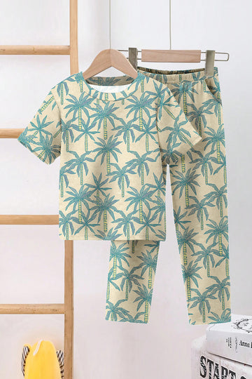 Boys Beige Lycra Blend Printed T-shirt and Pant Clothing Set