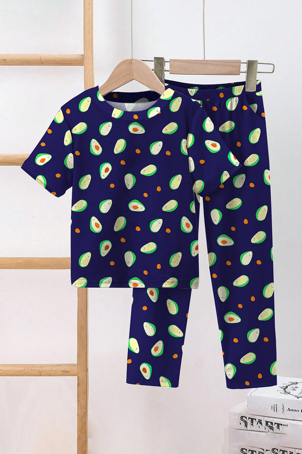 Boys Dark Blue Cotton Blend Printed T-Shirt and Pant For Casual Wear