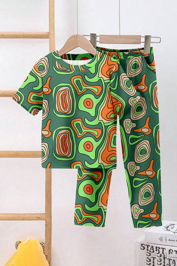 Boys Green Cotton Blend Abstract Print T-Shirt and Pant For Summer Wear