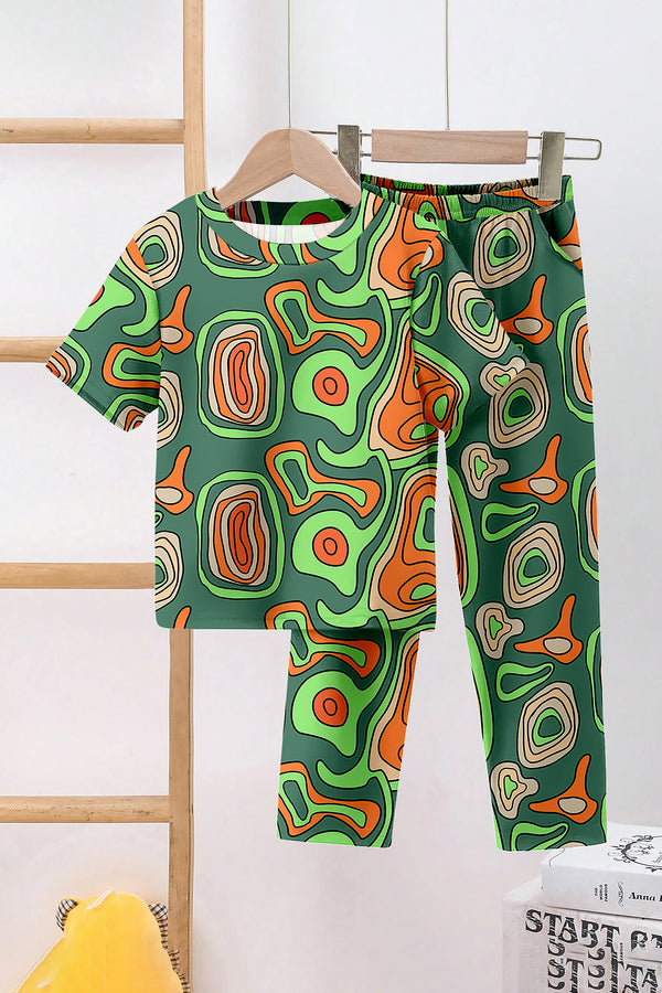 Boys Green Cotton Blend Abstract Print T-Shirt and Pant For Summer Wear