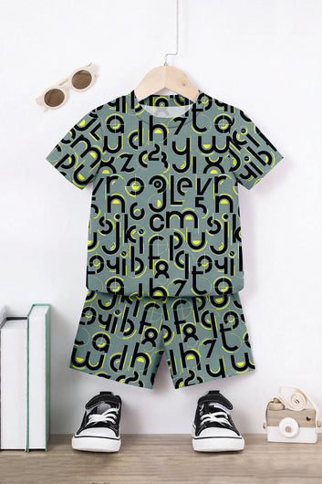 Boys Grey Lycra Blend Printed T-shirt and Short Clothing Set