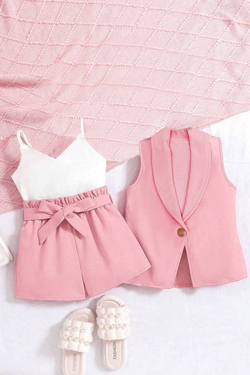 Girls Peach Cotton Blend Solid Co ords sets Whith Jecket