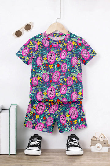 Boys Blue Lycra Blend Printed T-shirt and Short Clothing Set