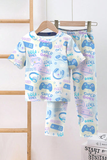 Boys White Cotton Blend Gaming Print T-Shirt and Pant For Summer Wear