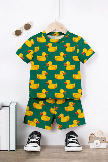Boys Green Lycra Blend Printed T-shirt and Short Clothing Set