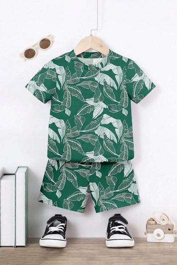 Boys Teal Green Lycra Blend Printed T-shirt and Short Clothing Set