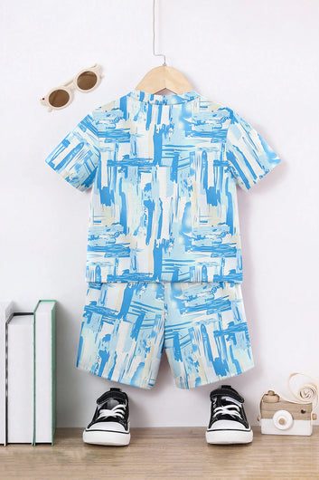 Boys Light Blue Lycra Blend Printed T-shirt and Short Clothing Set