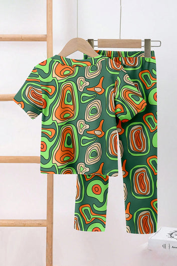 Boys Green Cotton Blend Abstract Print T-Shirt and Pant For Summer Wear