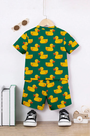 Boys Green Lycra Blend Printed T-shirt and Short Clothing Set