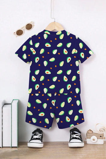 Boys Dark Blue Lycra Blend Printed T-shirt and Short Clothing Set