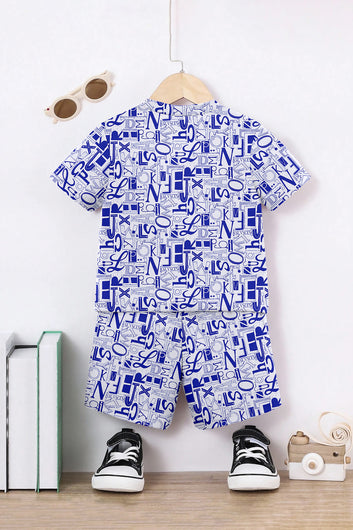 Boys White Lycra Blend Printed T-shirt and Short Clothing Set
