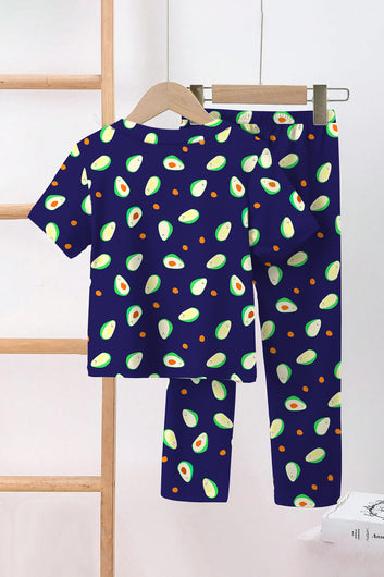 Boys Dark Blue Cotton Blend Printed T-Shirt and Pant For Casual Wear